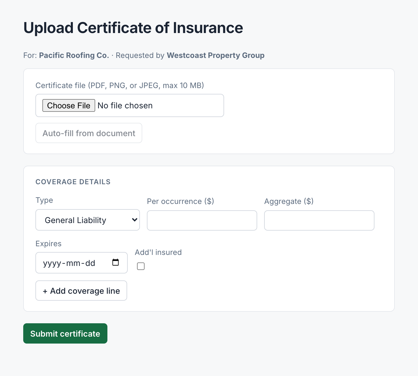 The vendor upload page with the auto-fill button